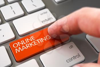 Man Finger Pressing Online Marketing Key on Computer Keyboard. Online Marketing Concept. Computer User Presses Online Marketing Orange Button. 3D Illustration.