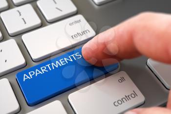 Man Finger Pressing Apartments Keypad on Aluminum Keyboard. Hand Pushing Apartments Blue Aluminum Keyboard Button. Business Concept - Male Finger Pointing Apartments Key on Metallic Keyboard. 3D.