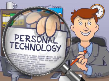 Personal Technology on Paper in Businessman's Hand to Illustrate a Business Concept. Closeup View through Magnifying Glass. Colored Doodle Illustration.