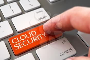 Cloud Security Concept - Modern Laptop Keyboard with Keypad. Cloud Security Concept. Cloud Security - Modern Keyboard Concept. Hand Touching Cloud Security Button. 3D.
