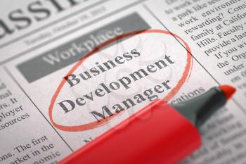 Business Development Manager - Small Ads of Job Search in Newspaper, Circled with a Red Highlighter. Blurred Image. Selective focus. Job Search Concept. 3D Illustration.