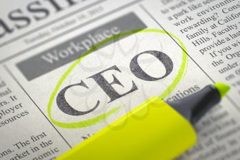 CEO - Classified Advertisement of Hiring in Newspaper, Circled with a Yellow Highlighter. Blurred Image. Selective focus. Hiring Concept. 3D Render.