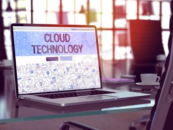 Cloud Technology Concept - Closeup on Landing Page of Laptop Screen in Modern Office Workplace. Toned Image with Selective Focus. 3D Render.