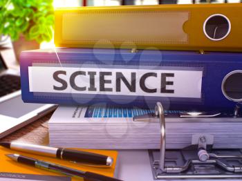 Science - Blue Ring Binder on Office Desktop with Office Supplies and Modern Laptop. Science Business Concept on Blurred Background. Science - Toned Illustration. 3D Render.