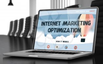 Internet Marketing Optimization Concept. Closeup Landing Page on Laptop Screen on Background of Meeting Room in Modern Office. Blurred Image with Selective focus. 3D Illustration.
