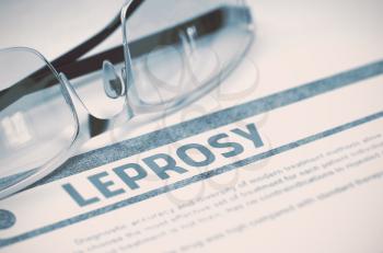 Leprosy - Medical Concept on Blue Background with Blurred Text and Composition of Spectacles. Leprosy - Medical Concept with Blurred Text and Glasses on Blue Background. Selective Focus. 3D Rendering.