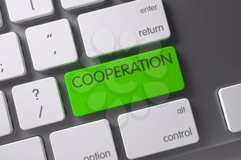 Cooperation Concept: Metallic Keyboard with Cooperation, Selected Focus on Green Enter Key. 3D Illustration.