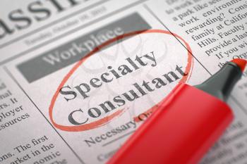 A Newspaper Column in the Classifieds with the Job Vacancy of Specialty Consultant, Circled with a Red Highlighter. Blurred Image. Selective focus. Hiring Concept. 3D.