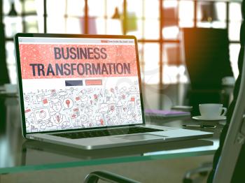 Business Transformation Concept. Closeup Landing Page on Laptop Screen in Doodle Design Style. On Background of Comfortable Working Place in Modern Office. Blurred, Toned Image. 3D Render.