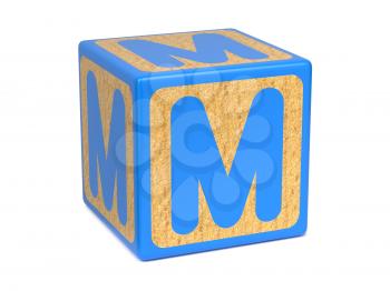 Letter M on Blue Wooden Childrens Alphabet Block  Isolated on White. Educational Concept.