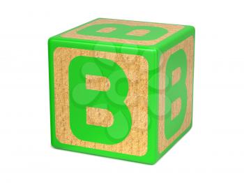 Letter B on Green Wooden Childrens Alphabet Block  Isolated on White. Educational Concept.