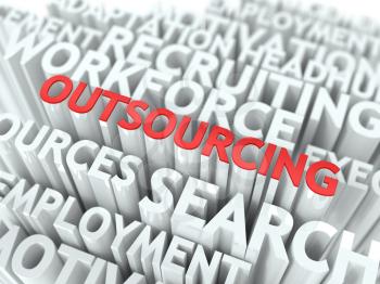 Outsourcing - Word in Red Color Surrounded by a Cloud of Words Gray. Wordcloud Concept.