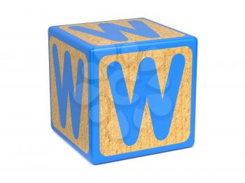 Letter W on Blue Wooden Childrens Alphabet Block  Isolated on White. Educational Concept.