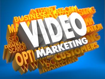 Video Marketing on White Color on Cloud of Yellow Words on Blue Background. Business Concept.