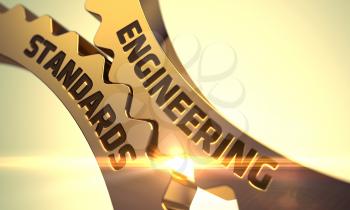 Engineering Standards on the Mechanism of Golden Metallic Cog Gears. 3D Render.