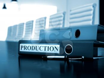 Production - Business Concept on Toned Background. File Folder with Inscription Production on Black Desktop. 3D.