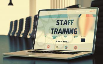 Staff Training on Landing Page of Laptop Display in Modern Conference Hall Closeup View. Toned Image. Blurred Background. 3D Render.