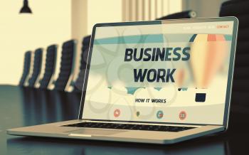 Business Work. Closeup Landing Page on Mobile Computer Display. Modern Meeting Hall Background. Toned Image with Selective Focus. 3D Rendering.