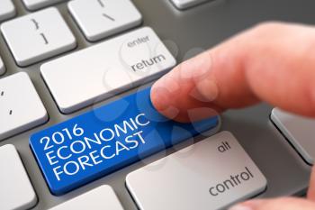 Man Finger Pushing 2016 Economic Forecast Blue Button on Modernized Keyboard. 3D Render.