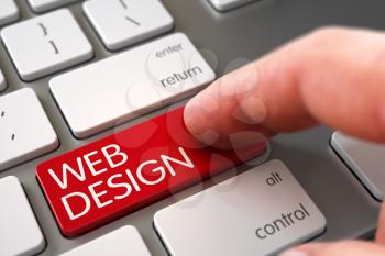 Close Up view of Male Hand Touching Red Web Design Computer Button. 3D Render.