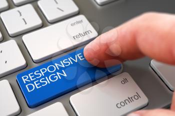 Business Concept - Male Finger Pointing Blue Responsive Design Button on Slim Aluminum Keyboard. 3D Illustration.