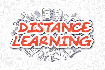 Distance Learning - Sketch Business Illustration. Red Hand Drawn Word Distance Learning Surrounded by Stationery. Cartoon Design Elements. 
