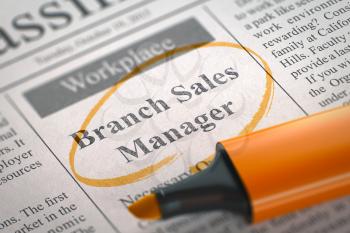 Branch Sales Manager. Newspaper with the Jobs, Circled with a Orange Highlighter. Blurred Image. Selective focus. Job Search Concept. 3D Rendering.