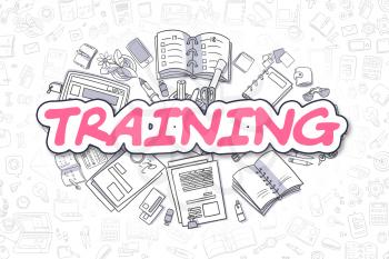 Training - Hand Drawn Business Illustration with Business Doodles. Magenta Word - Training - Doodle Business Concept. 