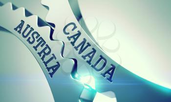 Canada Austria on Metallic Gears, Enterprises Illustration with Glowing Light Effect. Inscription Canada Austria on the Shiny Metal Cog Gears - Interaction Concept. 3D.