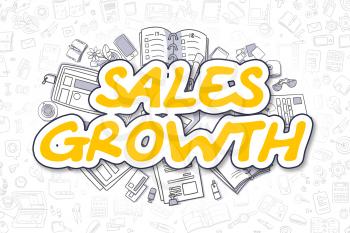 Yellow Inscription - Sales Growth. Business Concept with Doodle Icons. Sales Growth - Hand Drawn Illustration for Web Banners and Printed Materials. 