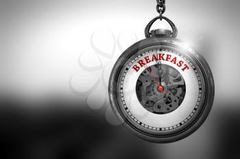 Business Concept: Breakfast on Vintage Watch Face with Close View of Watch Mechanism. Vintage Effect. Vintage Watch with Breakfast Text on the Face. 3D Rendering.