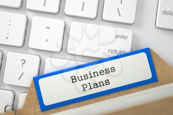 Business Plans. Blue Card File on Background of Modern Metallic Keyboard. Business Concept. Closeup View. Selective Focus. 3D Rendering.