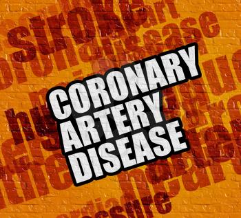 Health concept: Yellow Brickwall with Coronary Artery Disease on the it . Coronary Artery Disease - on Wall with Word Cloud Around . 