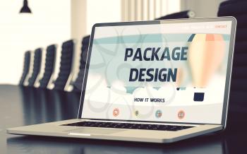 Package Design on Landing Page of Laptop Screen. Closeup View. Modern Conference Room Background. Blurred. Toned Image. 3D Render.