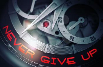 Never Give Up - Black and White Up Close of Wrist Watch Mechanism. Never Give Up on the Luxury Watch, Chronograph Close-Up. Time Concept with Lens Flare. 3D Rendering.