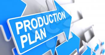 Production Plan - Blue Cursor with a Text Indicates the Direction of Movement. Production Plan, Inscription on the Blue Arrow. 3D Render.
