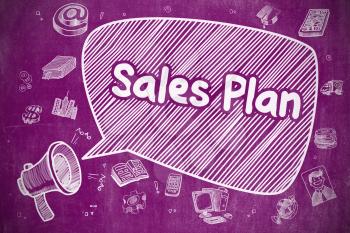 Speech Bubble with Phrase Sales Plan Cartoon. Illustration on Purple Chalkboard. Advertising Concept. Sales Plan on Speech Bubble. Cartoon Illustration of Yelling Mouthpiece. Advertising Concept. 