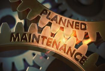 Planned Maintenance on Golden Cogwheels. Planned Maintenance on Mechanism of Golden Cog Gears. 3D Rendering.