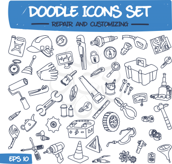 Doodle Icons Set - Repair and Customizing. Sketch Sign Illustration on Paper of Hand Drawn Tools. Hand Drawing Line Icons for Web, App, Mobile, Business, Finance, Technology, Education. .