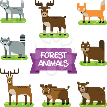 Vector Collection of Animals that Live in Forest in Trendy Flat Style. Set of Animals Elk, Deer, Wild Boar, Wolf, Fox, Raccoon, Beaver, Bear, on White. Illustration of Wild Nature in Flat Design.