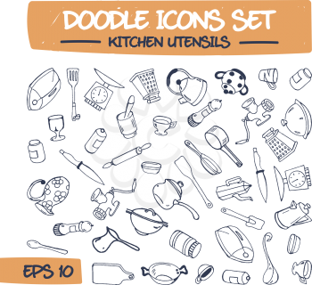 Doodle Icons Set - Kitchen Items. Sketch Sign Illustration on Paper of Hand Drawn Coffee maker, Cup, Jug, Kettle, Knife, Salt Shaker, etc.. Hand Drawing Line Icons for Web and Printing Flyers. .