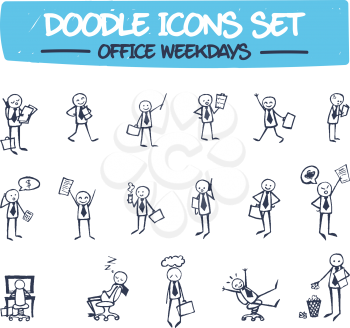 Doodle Set of Drawn Office Man. Sketch Illustration of Hand Drawn Character Depicting Different Emotions and Scenes of Office Life. Drawing Line Characters for Your Presentations .