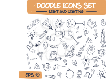 Doodle Icons Set of Lighting. Sketch Sign Illustration on Paper of Hand Drawn Lighting Fixtures, Chandeliers, Searchlights, Lamps, Table Lamps, Floor Lamps. Hand Drawing Line Icons for Web.