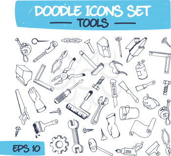 Doodle Icons Set of Hand Tools. Sketch Sign Illustration of Hand Drawn Tools. Hand Tools Drawn in Doodle Style.