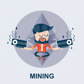 Ethereum or Another Cyptocurrency Mining - Cartoon Comic Vector Concept. Illustration of Blockchain and GPU Mining. The Miner Holds Two Videocards - ETH Cartoon Mining Concept.