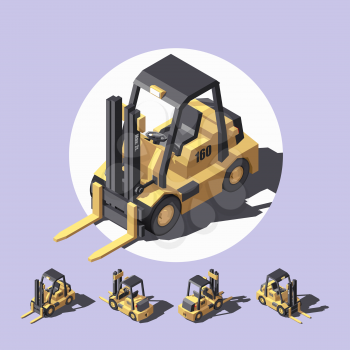 Vector Isometric Low Poly Forklift Truck. Storage Equipment in Different Projections.