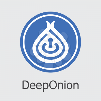 Deeponion - Digital Currency Concept. Colored Vector Icon Logo and Name of Blockchain Cryptocurrency on Grey Background. Vector Coin Symbol for Exchange ONION.