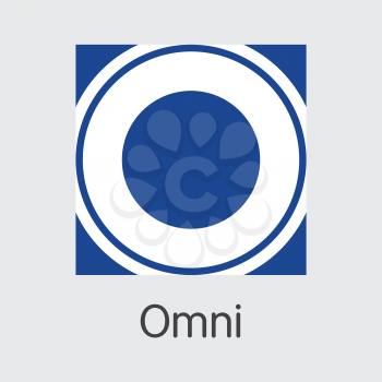 Omni - Blockchain Cryptocurrency Concept. Colored Vector Icon Logo and Name of Digital Currency on Grey Background. Vector Pictogram Symbol for Exchange OMNI.