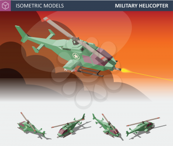 Isometric View Single-Engine Attack Helicopter Set. Military Air Transport Isolated on the White Background. Flat 3d Illustration. For Infographics. Design and Games.