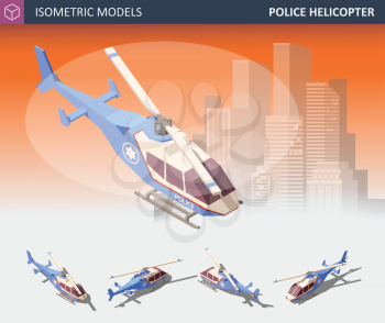 Isometric View Police Helicopter Set. Police Transport Isolated on the White Background. Flat 3d Illustration. For Infographics, Design and Games.